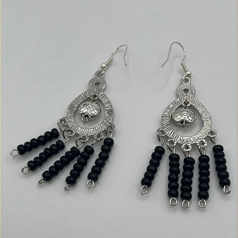 Silver-tone Homemade Dangling Chandelier Earrings with Black Beads